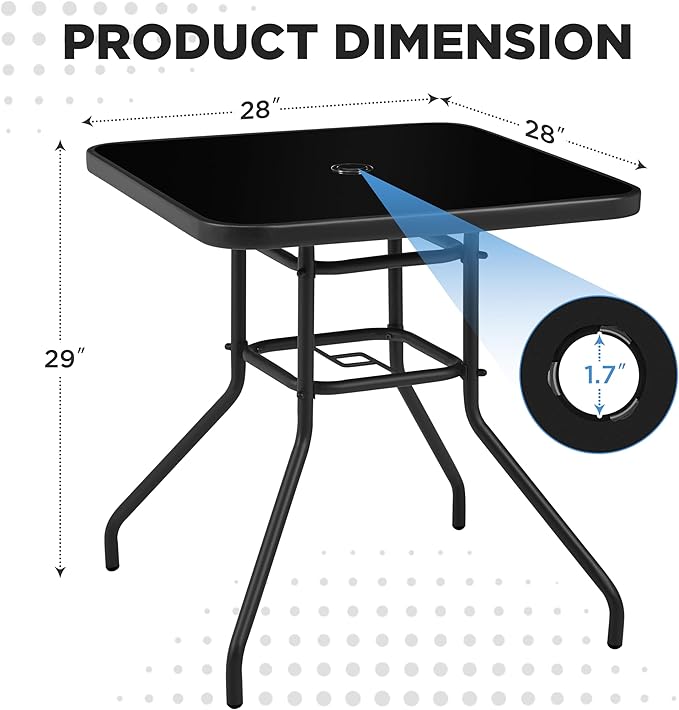 Yaheetech Outdoor Bistro Table with Umbrella Hole, 28in Patio Square Dining Table w/Silk Printing Glass Top, Weather-Resistant Patio Table for Garden Poolside Balcony Backyard, Black