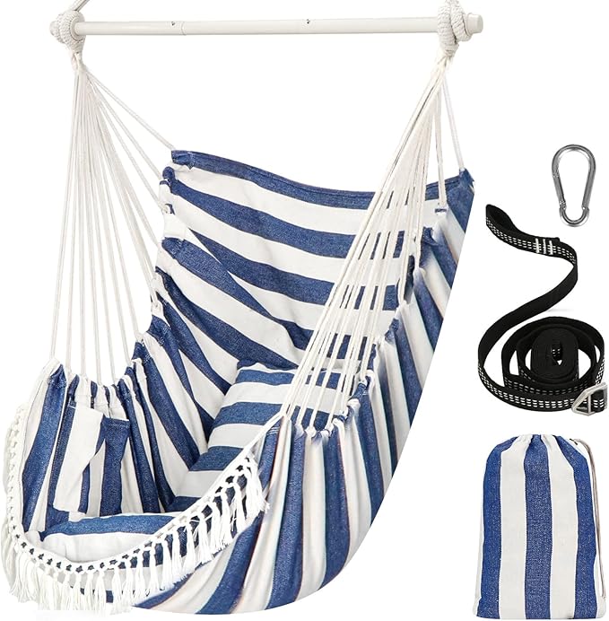 Chihee Hammock Chair Hanging Swing Max 500 Lbs 2 Cushions Included Metal Spreader Bar with Anti-Slip Grooves Portable Hanging Chair Side Pocket Large Macrame Bohemian Chair Indoor Outdoor