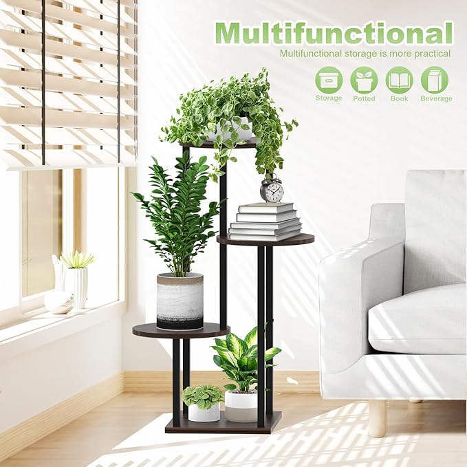 Plant Stand Indoor, 4 Tier Thickened Metal Corner Plant Shelf for Multiple Plants, Indoor Plants Tiered Flower Pot Stand for Patio Garden Balcony Living Room Bedroom(Black Oak)