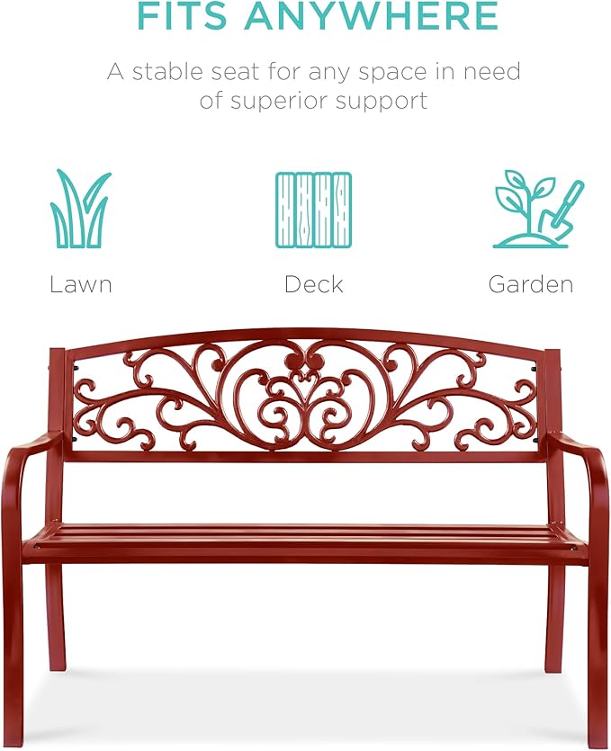 Best Choice Products Outdoor Bench Steel Garden Patio Porch Furniture for Lawn, Park, Deck w/Floral Design Backrest, Slatted Seat - Rust