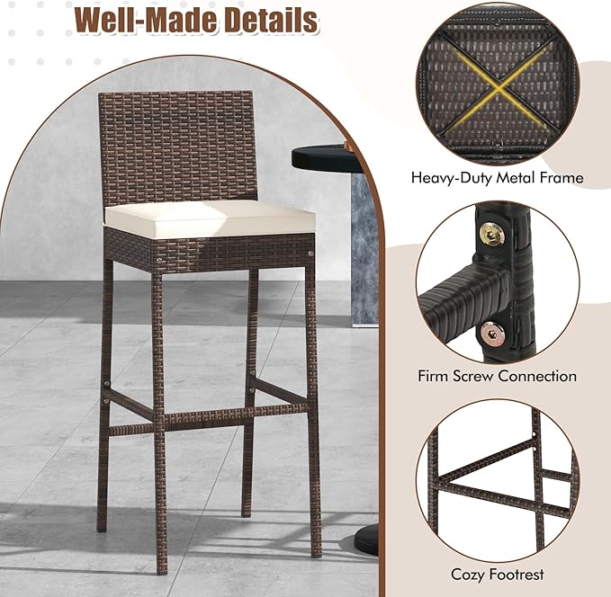 HAPPYGRILL Wicker Patio Barstools Set of 2, Outdoor Rattan Bar Chairs with Footrest & Backrest, Armless High Top Chairs with Seat Cushions for Backyard, Balcony