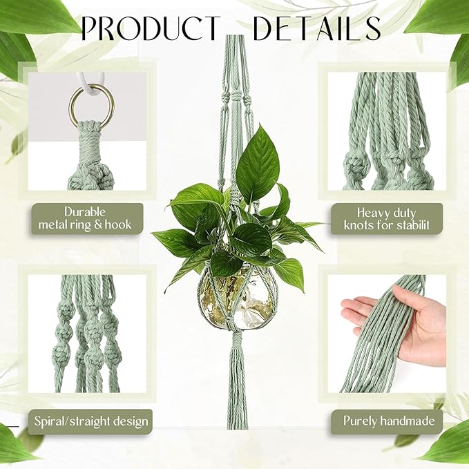 6 Pcs Plastic Plant Propagation with Boho Macrame Hanger Wall Plant Propagation Station Hanging Holder Include Hooks Kit for Indoor Home Garden Office Decor 3 Size (Sage Green)