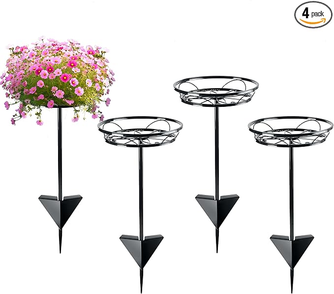 Tellingyou 4 Pack Adjustable Outdoor Flower Pot Stand, Metal Outdoor Plant Stands, Spring Summer Versatile Plant Stand Garden Stake for Display Plants, Elegant Solution for Landscaping Decor (Black)