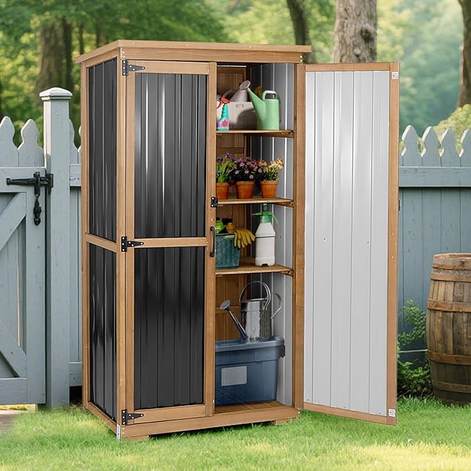 PetsCosset Outdoor Storage Cabinet, Wood & Metal Storage Shed with Weather-Resistant Roof, Removable Shelves, Lockable Doors, Outside Storage Tool Organizer for Garden, Patio, Backyard, Garage, Pool