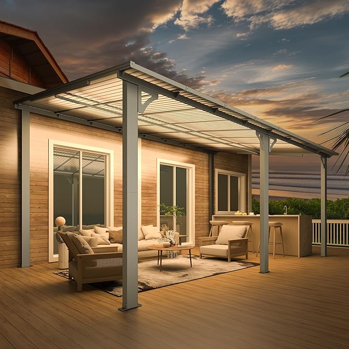 AECOJOY 16' x 10' Gazebo Outdoor Pergola, 10x16 Large Wall-Mounted Hardtop Lean to Metal Gazebo Shelter Pergolas and Gazebos Clearance with Patio Roof, Heavy Duty Awnings for Backyard, Decks