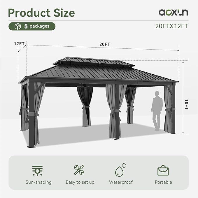 Aoxun 12' X 20' Hardtop Gazebo, Galvanized Steel Double Top, Aluminum Metal Gazebo with Curtains and Netting, Permanent Canopy Pavilion for Wedding, Party, Outdoor Dining