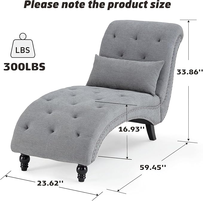 Tufted Soft Chaise Lounge Chair for Bedroom, Linen Rivets Chaise Lounge Indoor, Armless Upholstered Chaise Couch Chair for Living Room with Square Cushions and Solid Wood Legs, Gray
