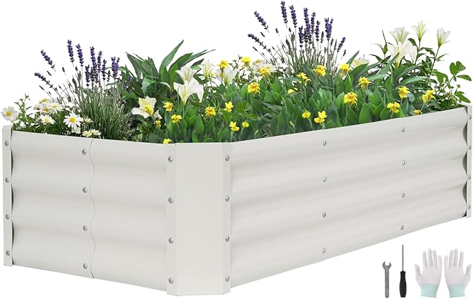 Galvanized Raised Garden Bed - 4x2x1ft Metal Garden Planter Box Outdoor | Steel Raised Bed Kit with Bracing Rods, Gloves for Gardening Vegetables Fruits and Flowers (White)