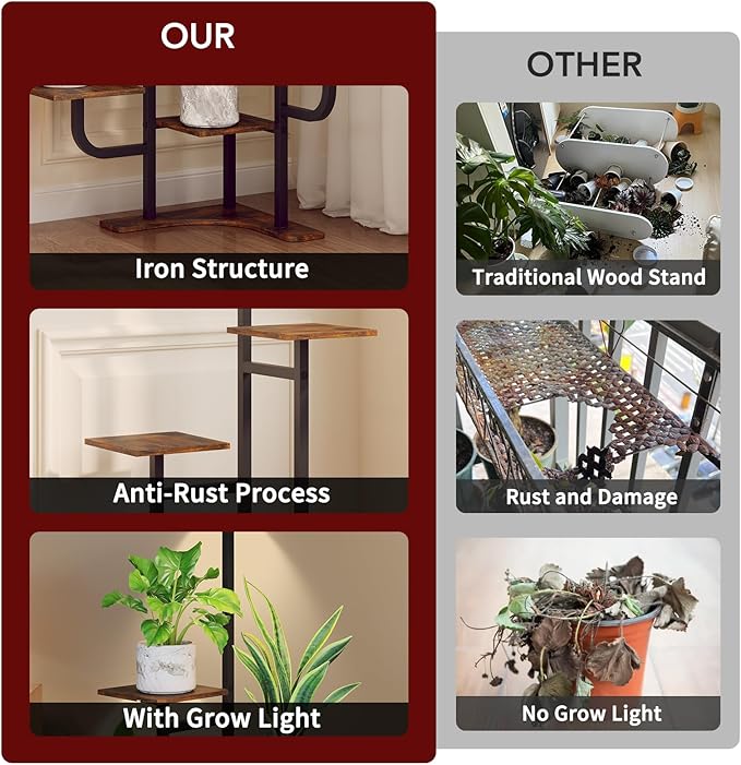 Corner Plant Stand with Grow Light - 6 Tier Plant Stand Indoor Square Metal Plant Shelf with Adjustable Light, Plant Organizer for Living Room, Graden, Home Decor (Brown)