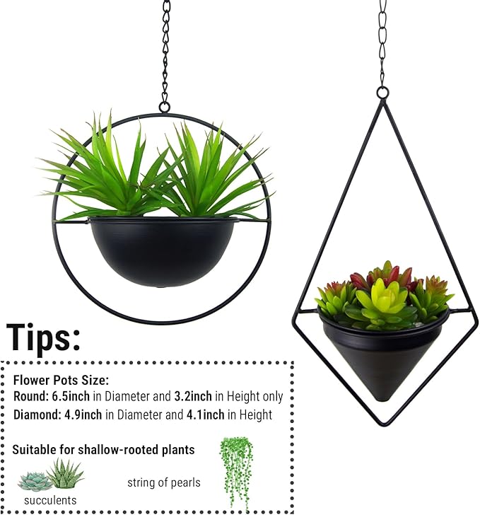 Metal Hanging Planters, Modern Plant Hanger with Pots, Set of 2 Black Plant Holders in Diamond and Round Shape, Small Wall and Ceiling Planter for Indoor Plants, Home Décor- Black