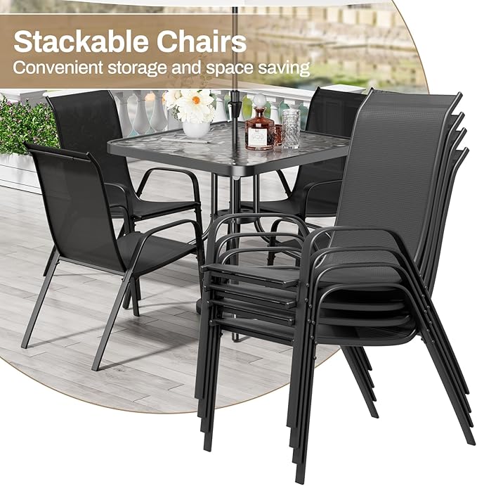 TLSUNNY Patio Dining Set 5 Pieces, All Weather Outdoor Furniture W/30"X 30" Table and 4 Stackable Textilene Chairs, Metal Table and Chairs for Lawn, Garden, Poolside, Backyard (Umbrella not Included)