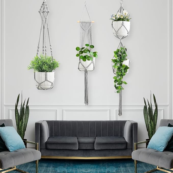 Macrame Plant Hangers, 6Pack Hanging Plant Holders Indoor w/ 6 Set Hooks Handmade Cotton Rope Plant Hangers Set Flower Pots Holder Stand Boho Home Decor Hanging Planters for Indoor Outdoor Plants