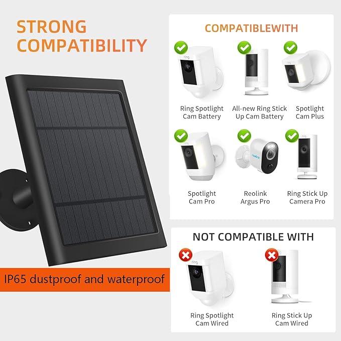 USB-C to Ring Barrel Plug 7Pack 4W Solar Charger for Ringing Spotlight & Stick Up Outdoor Cam, Black, High Efficiency, 10FT/3M Long Cable with IP65 dustproof and Waterproof