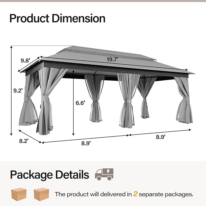 LAUSAINT HOME Semi-Permanent Outdoor Patio Gazebo 10'x20', Heavy Duty Party Tent Shelter with Double Roofs, Mosquito Nettings and Privacy Screens for Backyard, Garden, Lawn, Gray