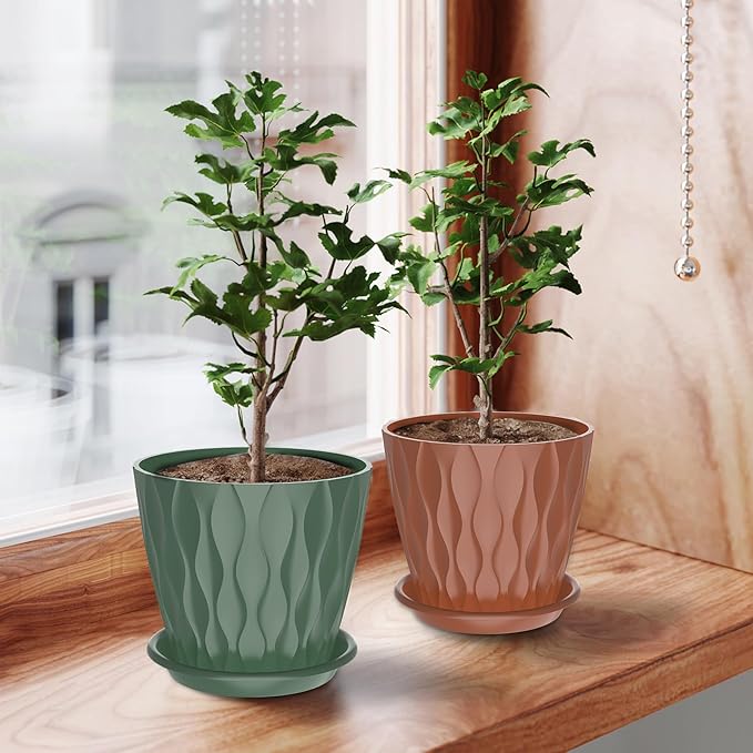 6 Pack 6 Inch Indoor Plant Pots with Drainage Holes, Outdoor Plastic Decorative Flower Pots, Garden Planters with Tray Saucers for Orchids, Violets, Succulents, Herbs, and Other Plants