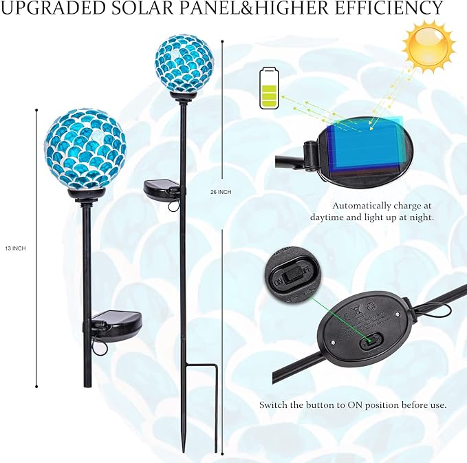 VCUTEKA Solar Lights - Outdoor Garden Decor Mosaic Solar Pathway Light Waterpoof LED Stake Light for Landscape Lawn Patio Yard Decoration (Blue) 1 Pack