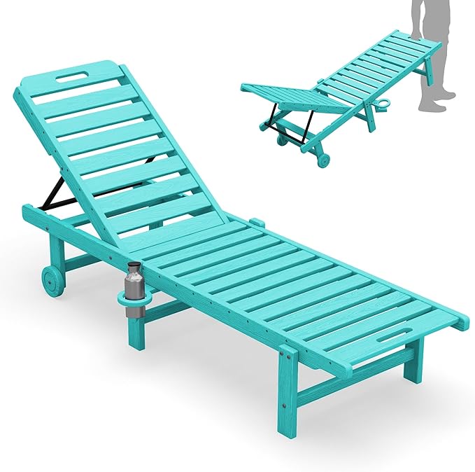 SERWALL Patio Chaise Lounge Chair, HDPE Outdoor Lounge Chair with Cup Holder, 5 Positions Adjustable Poly Lounger with Rolling Wheels for Poolside, Deck, Sunbathing, Aruba