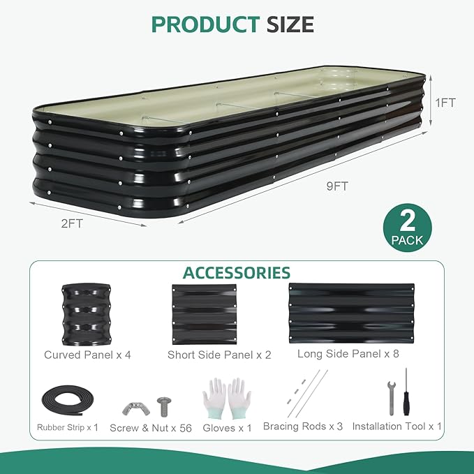 5 in 1 Galvanized Raised Garden Bed - 8x3x1ft (2Packs) Modular Planter Box Outdoor | Metal Raised Bed Kit with Bracing Rods for Gardening Vegetables Flowers Fruits Herbs (Dark Grey)