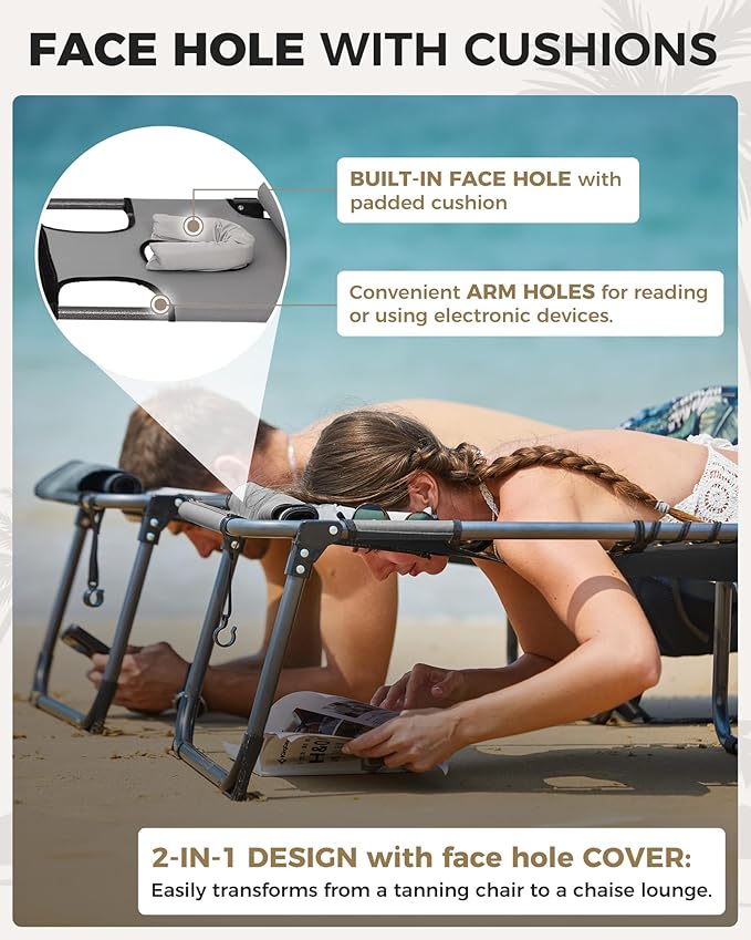 KingCamp 2 Pack Tanning Chair with Face Hole, Lounge Chairs Outdoor Folding Comfy Adjustable 5-Position Foldable Chaise Chaser with Canopy Shade for Outside Beach Patio, Grey