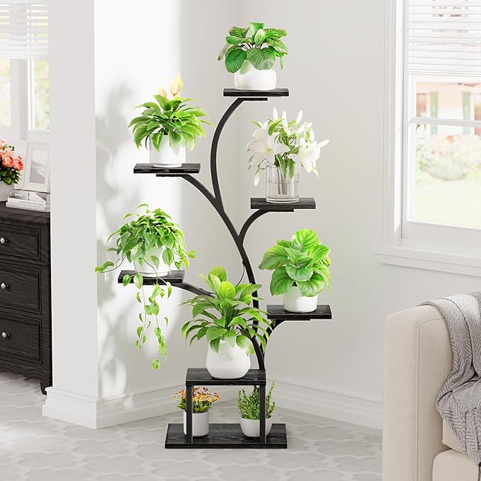 Plant Stand Indoor with Grow Lights, 7 Tiered Indoor Plant Shelf, 49" Corner Plant Stands for Indoor Plants, Metal Plant Flower Display Shelf, Tree-Shaped Plant Rack for Home, Black