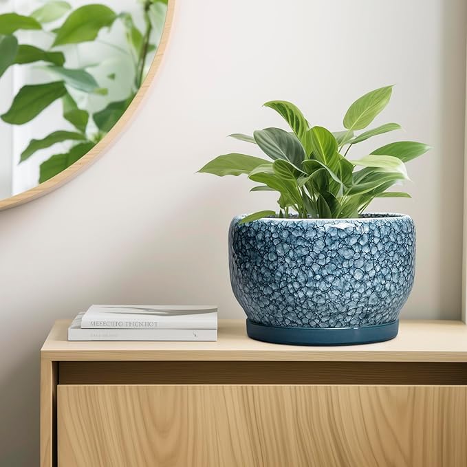 SQOWL Ceramic Planter - 10 Inch Plant Pot Indoor with Drainage Hole and Saucer, Decorative Flower Pots Outdoor, Ceramic Plant Pots, Large Round Planter, Home Patio Decor, House Warming Gifts, Blue
