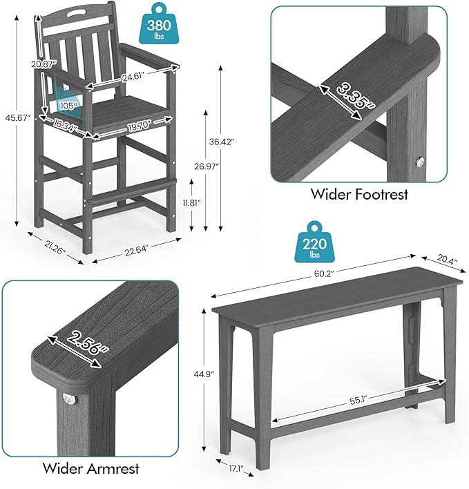 Ciokea Outdoor Bar Height Table Set of 5, 60" Extra Long Rectangle High Top Table and 4 Oversized Adirondack Chairs Set, Heavy-Duty All-Weather HDPE Patio Bar Set for Backyard Balcony Deck, Grey