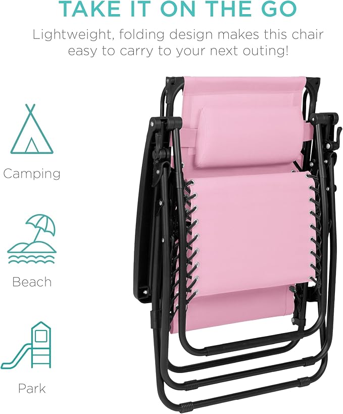 Best Choice Products Folding Zero Gravity Outdoor Recliner Patio Lounge Chair w/Adjustable Canopy Shade, Headrest, Side Accessory Tray, Textilene Mesh - Bubblegum Pink