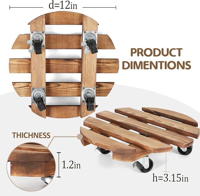 2 Pack Plant Stand with Wheels, Plant Caddies with 360° Lockable Smooth Sliding Wheels Durable Sturdy, Outdoor/Indoor Heavy Duty Rolling Plant Stand for Plant Pot,Flower Pot (12" Dark brown)