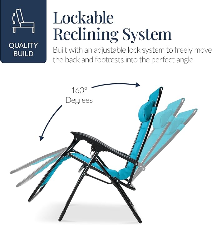 Best Choice Products Oversized Padded Zero Gravity Chair, Folding Outdoor Patio Recliner, XL Anti Gravity Lounger for Backyard w/Headrest, Cup Holder, Side Tray, Polyester Mesh - Aqua Blue