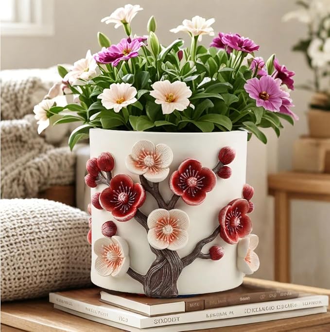 Flower Pot, 5 Inch Cute Plant Pots with Plum Blossom Design, Resin Decorative Flower Pots with Drainage for Indoor Plants, Succulents, Home and Garden Decor