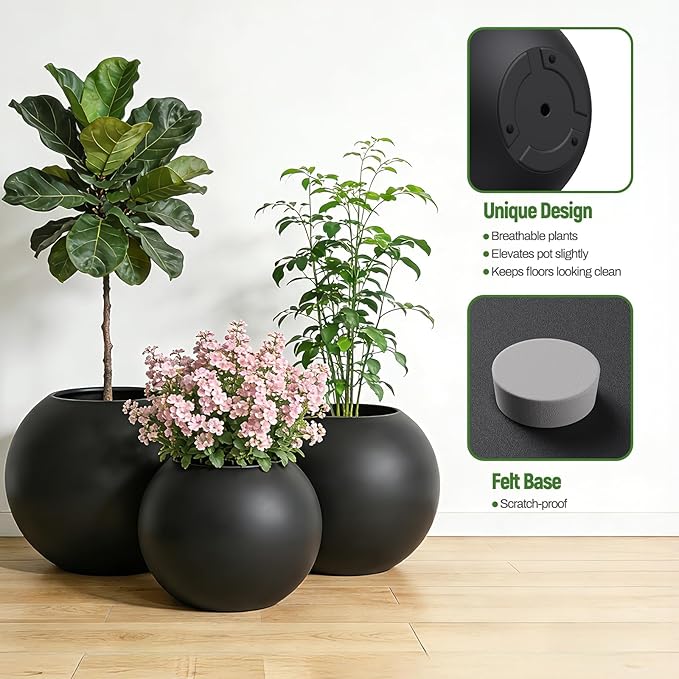 13.5 H x 17" Dia (12" Pot Opening) Round Fiberstone Planter with Drainage Hole, Durable Garden Flower Pots, Black, Resistant for Indoor and Outdoor, Planters for Large Plants pot for Home Decor Patio