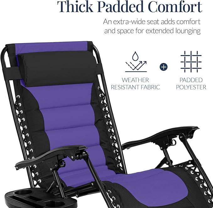 Best Choice Products Oversized Padded Zero Gravity Chair, Folding Outdoor Patio Recliner, XL Anti Gravity Lounger for Backyard w/Headrest, Cup Holder, Side Tray, Polyester Mesh - Black/Purple