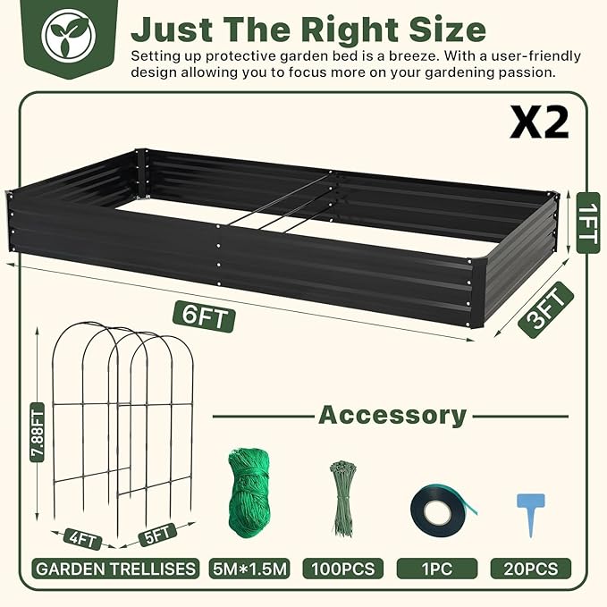 DTIG Galvanized Raised Garden Bed with Trellis, 6×3×1 FT 2 Pack Outdoor Garden Bed, Upgraded 4×3 Support, Black