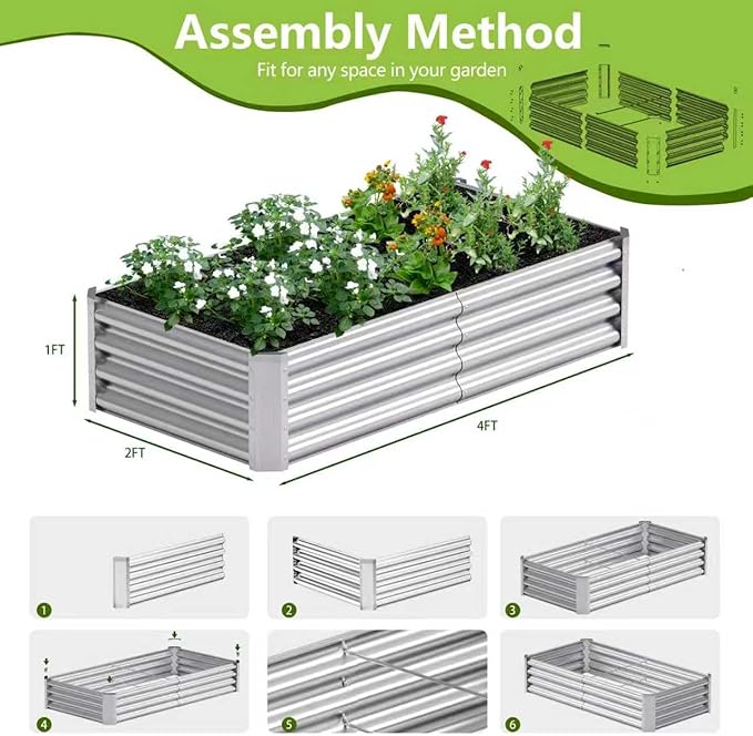 2PCS 4x2x1FT Galvanized Raised Garden Bed, Galvanized Planter Raised Garden Boxes Outdoor, Large Metal Raised Garden Beds for Vegetables-Silver