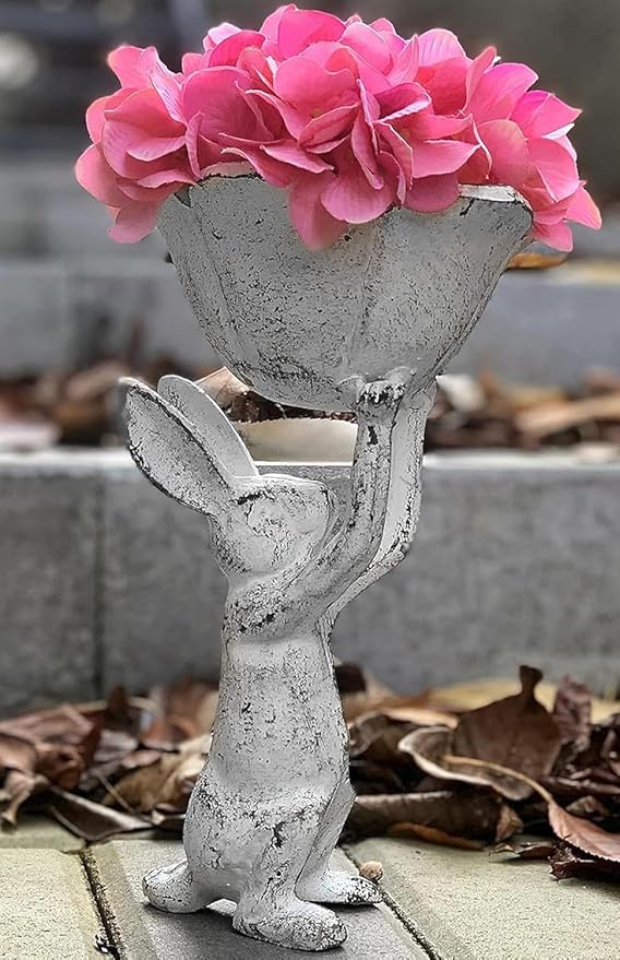 Antique White Cast Iron Rabbit with Flower Bird Feeder - 6 Inch Plant Pot or Feeder - (Cute Planter for Garden Decor for Outside)