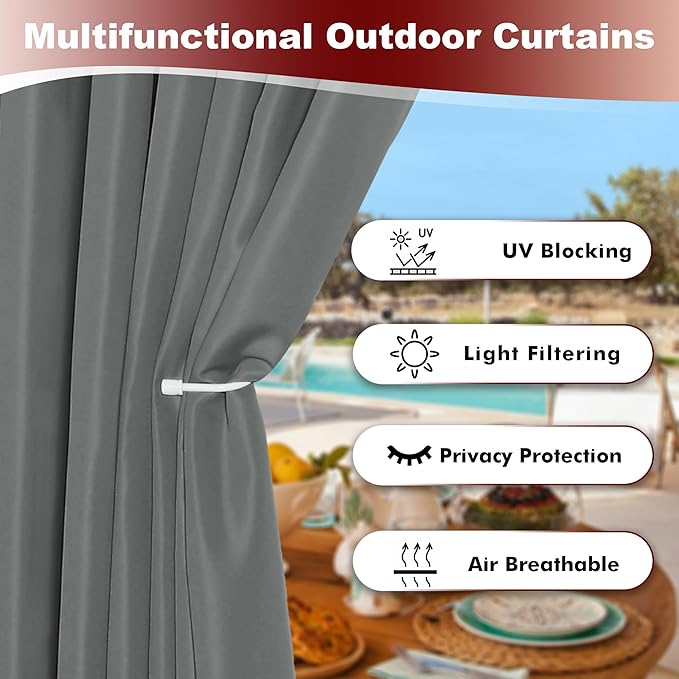 HolidayIdeas Grommet Top Outdoor Curtains for Patio Waterproof 8 Pcs All Weather Balcony Outside Curtain Panels for Apartments, Gazebo, Pergolas, Porch, 54x84 Inch, Grey