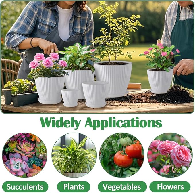 7.5/6.5/5.5/4.9/4.2/3.5 Inch Plant Pots with Drainage Holes and Saucer, Plastic Flower Pots for Indoor Plants, Lightweight Planter Pots for Plants, White