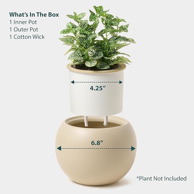 Ceramic Self Watering Plant Pot | 6.8 Inch Pot with 4.5 Inch Inner Pot for Small Plants | Ivory Pot for Indoor Plants | Round Self Watering Planter | Bottom Watering Pots for Indoor Plants