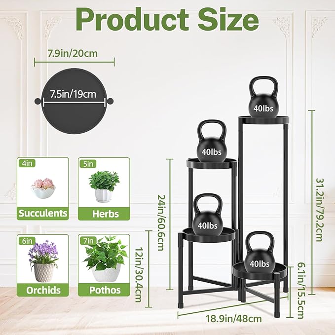 iDavosic.ly Plant Stand Indoor Outdoor, 4 Tier Corner Metal Flower Display Holder Shelf, Easy Assembly Folding Tall Orchid Rack for Patio Balcony Porch Garden Living Room House, Black