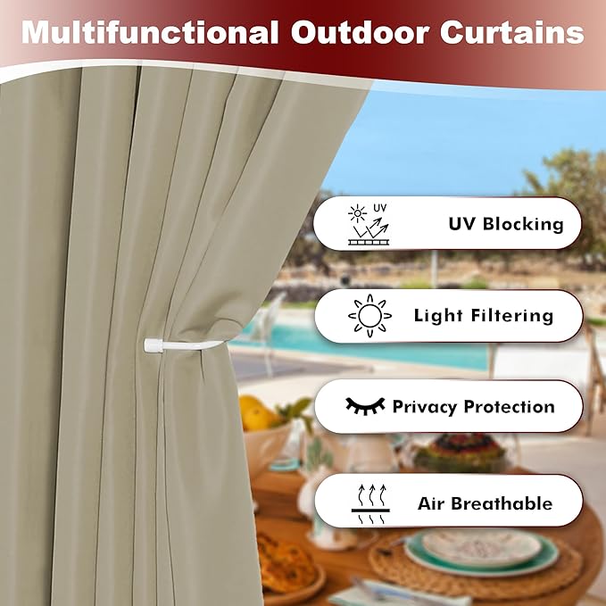 HolidayIdeas Grommet Outdoor Curtains for Patio Waterproof 8 Pcs All Weather Balcony Outside Curtains for Apartments, Gazebo, Pergolas, Porch, 54x120 Inch, Taupe