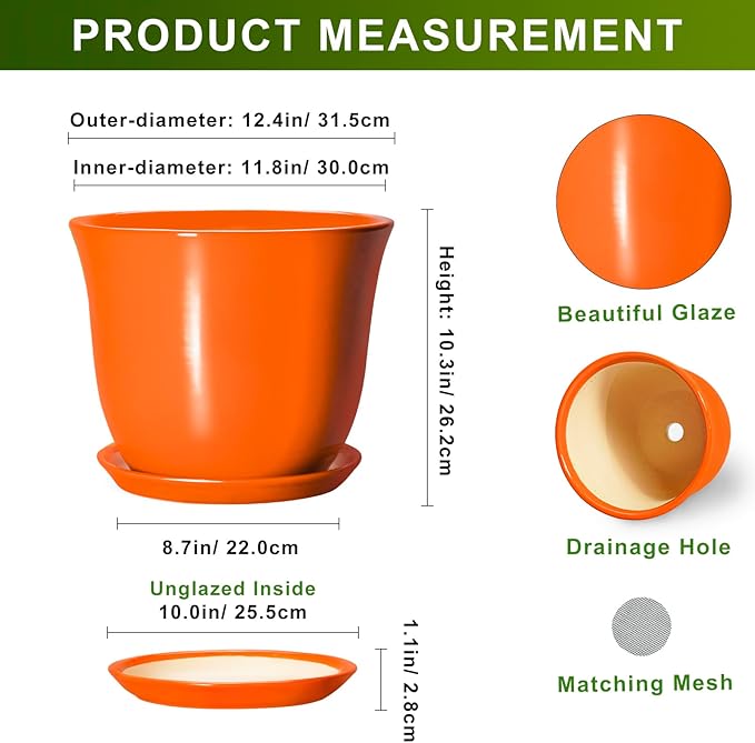 12 Inch Pots for Plants - Ceramic Planters Indoor with Drainage Hole and Saucer, Large Round Planter for Outdoor Plants, Decorative Flower Pot, Garden Decor, Plant Lover Gifts, Orange