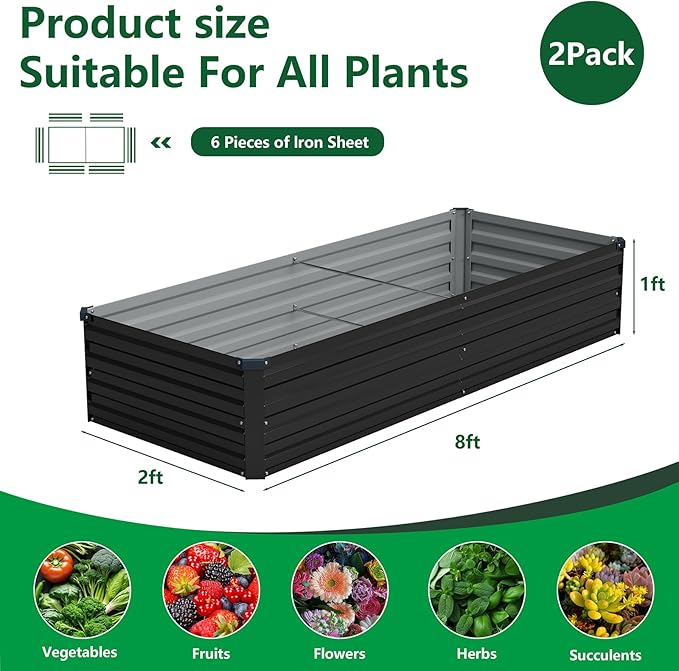 Vengarus 8x2x1FT (2 Pack) Galvanized Raised Garden Bed Kit, Outdoor Metal Planter Box for Vegetables, Rectangular Steel Container, Easy Assembly (Black)