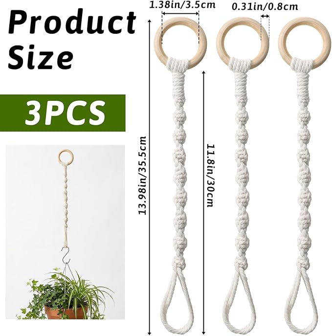 3 Pcs Adjustable Macrame Plant Hanger Extenders with Wooden Ring Handmade Woven Hanging Basket Extension Connectable Rope Hanging Plant Extender for Outdoor Indoor Plants Pot Holder Home Decor