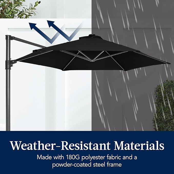 Best Choice Products 10ft Solar LED Offset Cantilever Hanging Market Patio Umbrella, Smooth 360° Rotation, 8 Sturdy Ribs, Easy Adjustment - Black
