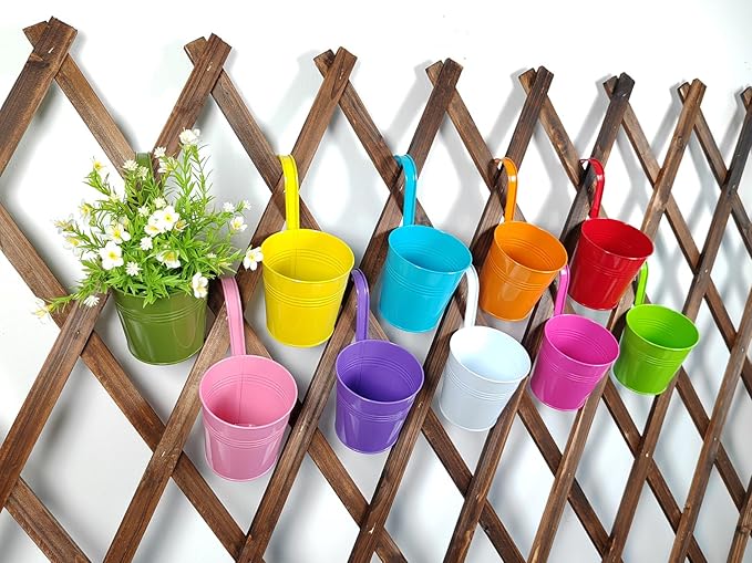 6 Inch Hanging Planters for Outdoor Plants, 10 Pack Metal Railing Planter, Rail Balcony Fence Flower Pot with Detachable Hooks, Colorful Garden Decor