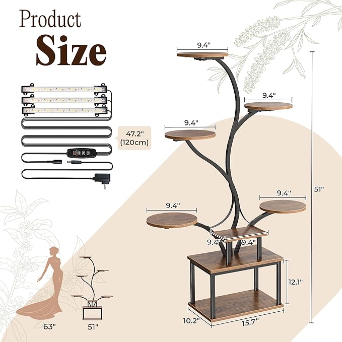PRAISUN 51 Inch Plant Stand with Grow Lights, 8 Tiered Indoor Plant Shelf with Larger Flower Holder, Curved-tubed Design, 3 Light Modes, Corner Plant Rack for Living Room, Rustic Brown