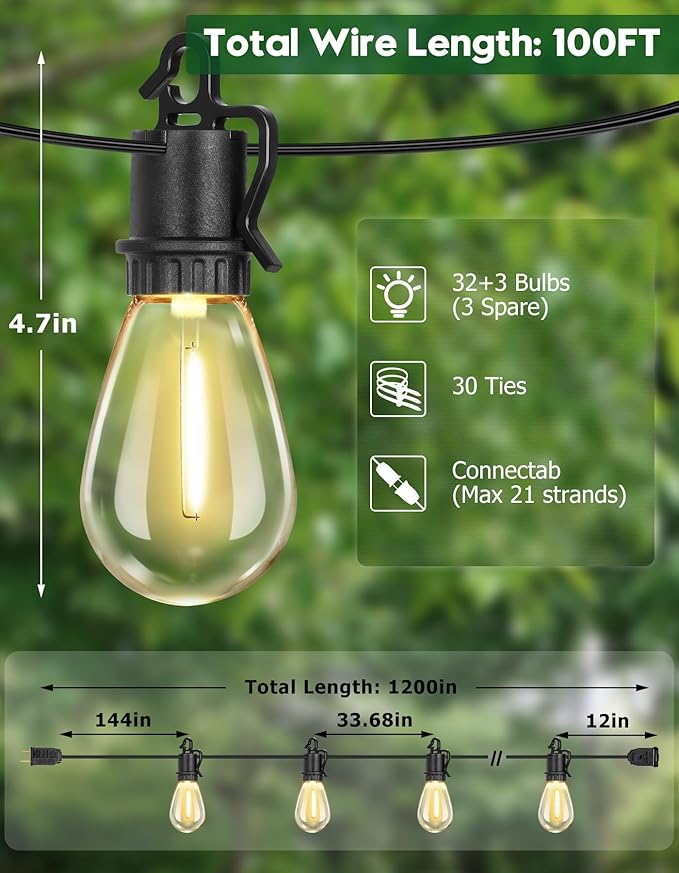 100FT Outdoor String Lights with 35 Shatterproof Patio Deals S14 Vintage Edison Bulbs E12 Sockets,2700K Dimmable Outdoor Lights,IP55 Waterproof LED String Lights for Outside, Patio Lights