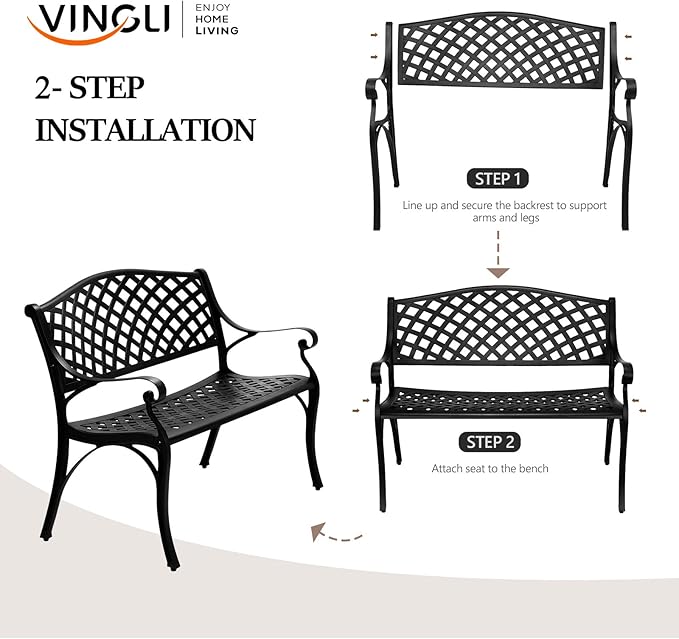 VINGLI 40.5" Patio Garden Bench,Anti- Rust Cast Iron Cast Aluminum Frame for Outdoor Path Yard Lawn Work Entryway Decor Deck (Black)
