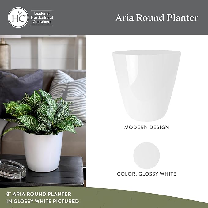The HC Companies Aria Round Self-Watering Pot - Lightweight Plastic Planter for Herbs & More - Durable Plant Pots for Indoor Plants & Outdoor Plants (8" Glossy White, Pack of 2)