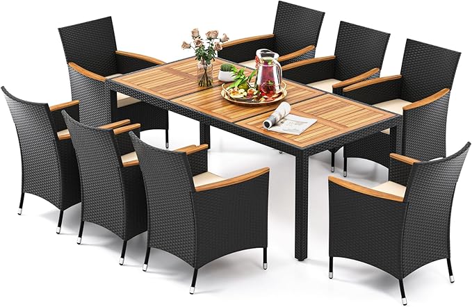 Tangkula 9 Pieces Rattan Outdoor Dining Set for 8, Outdoor Acacia Wood Table Set with 8 Cushioned Wicker Chairs, Umbrella Hole, Patio Dining Furniture Set for Deck Pool Backyard